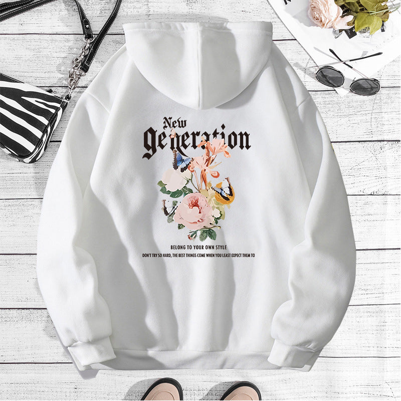 Flower print hooded sweatshirt with back collar and fleece