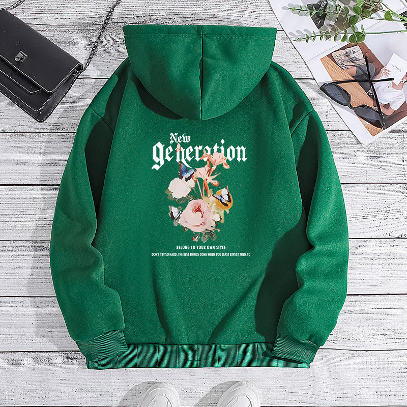 Flower print hooded sweatshirt with back collar and fleece