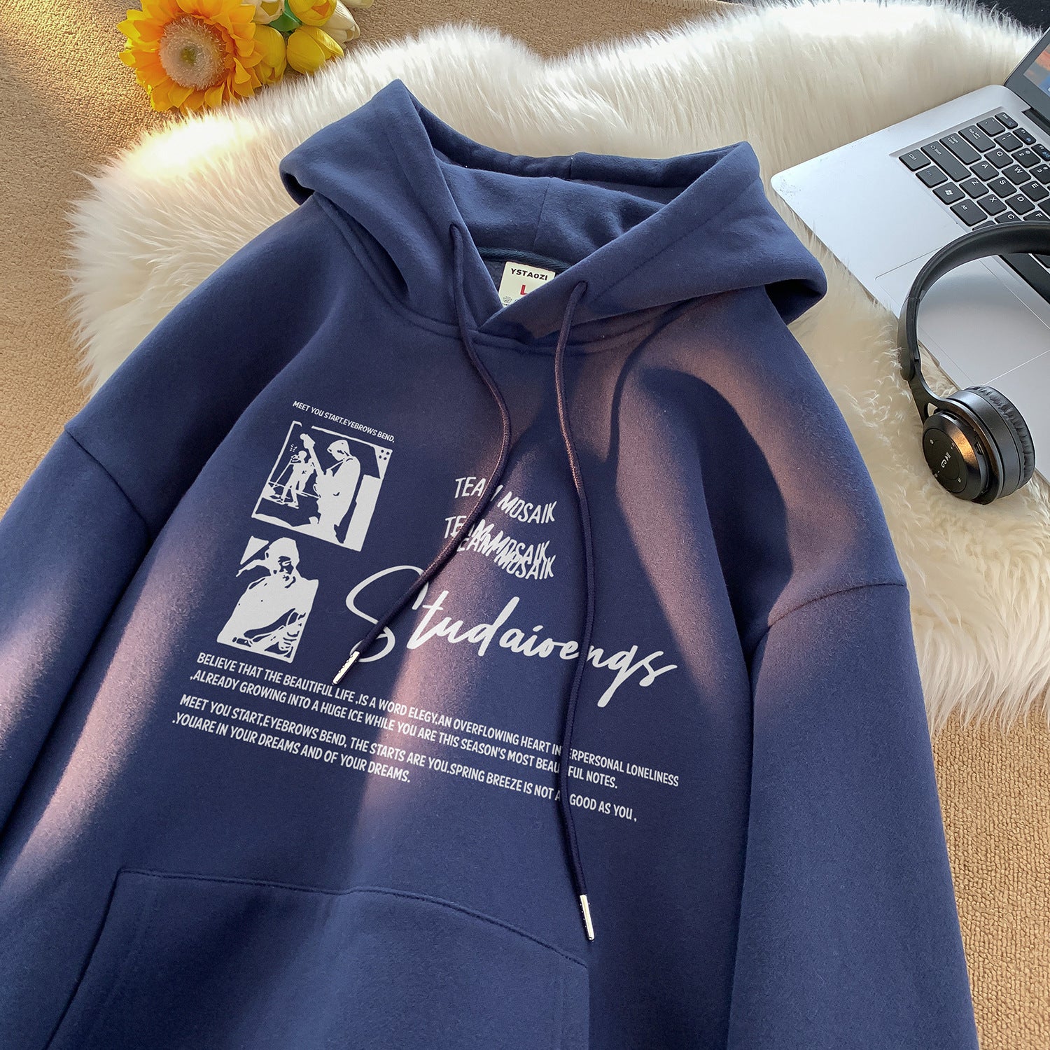 Retro Hoodie Men's Autumn Winter Heavy Weight Fleece Lined Loose Fit Hooded Sweatshirt Outerwear