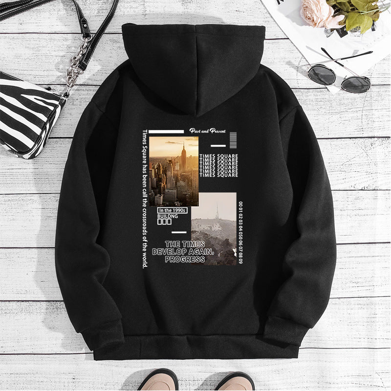 City Landscape Printed Hoodie with Back Collar and Velvet Hoodie