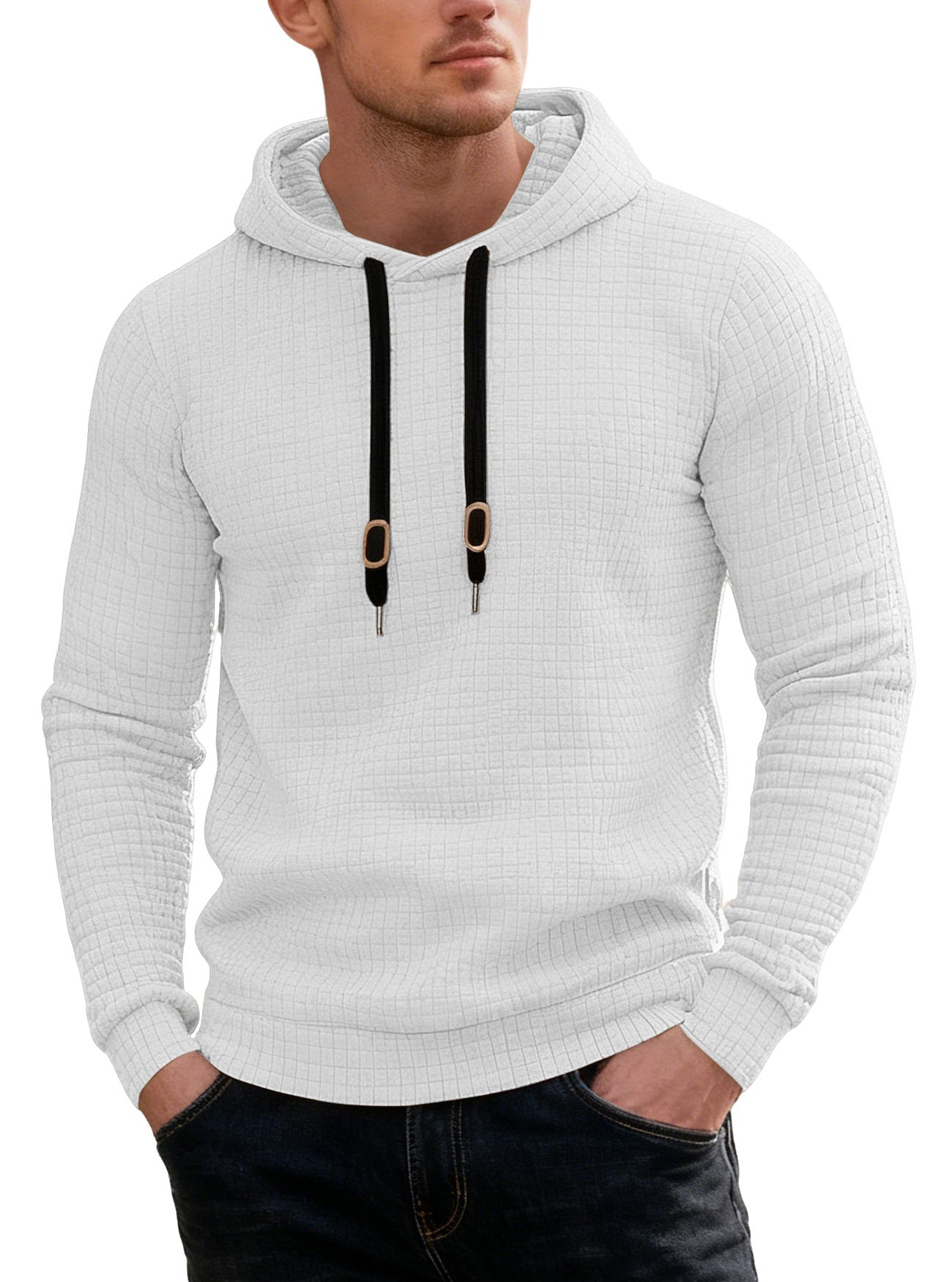 Long sleeved hooded sweatshirt with drawstring for men