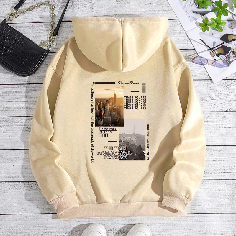 City Landscape Printed Hoodie with Back Collar and Velvet Hoodie
