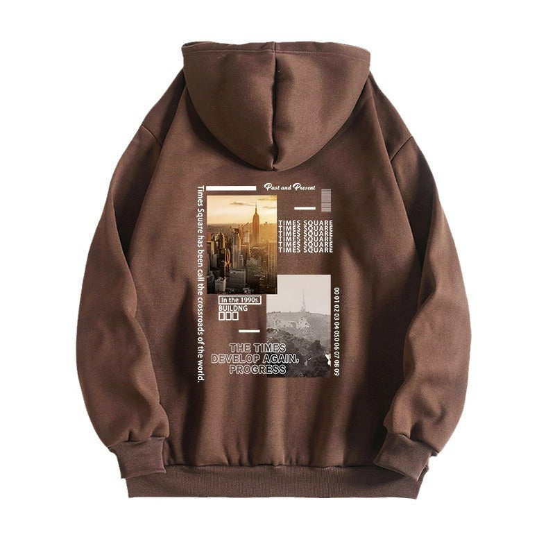 City Landscape Printed Hoodie with Back Collar and Velvet Hoodie