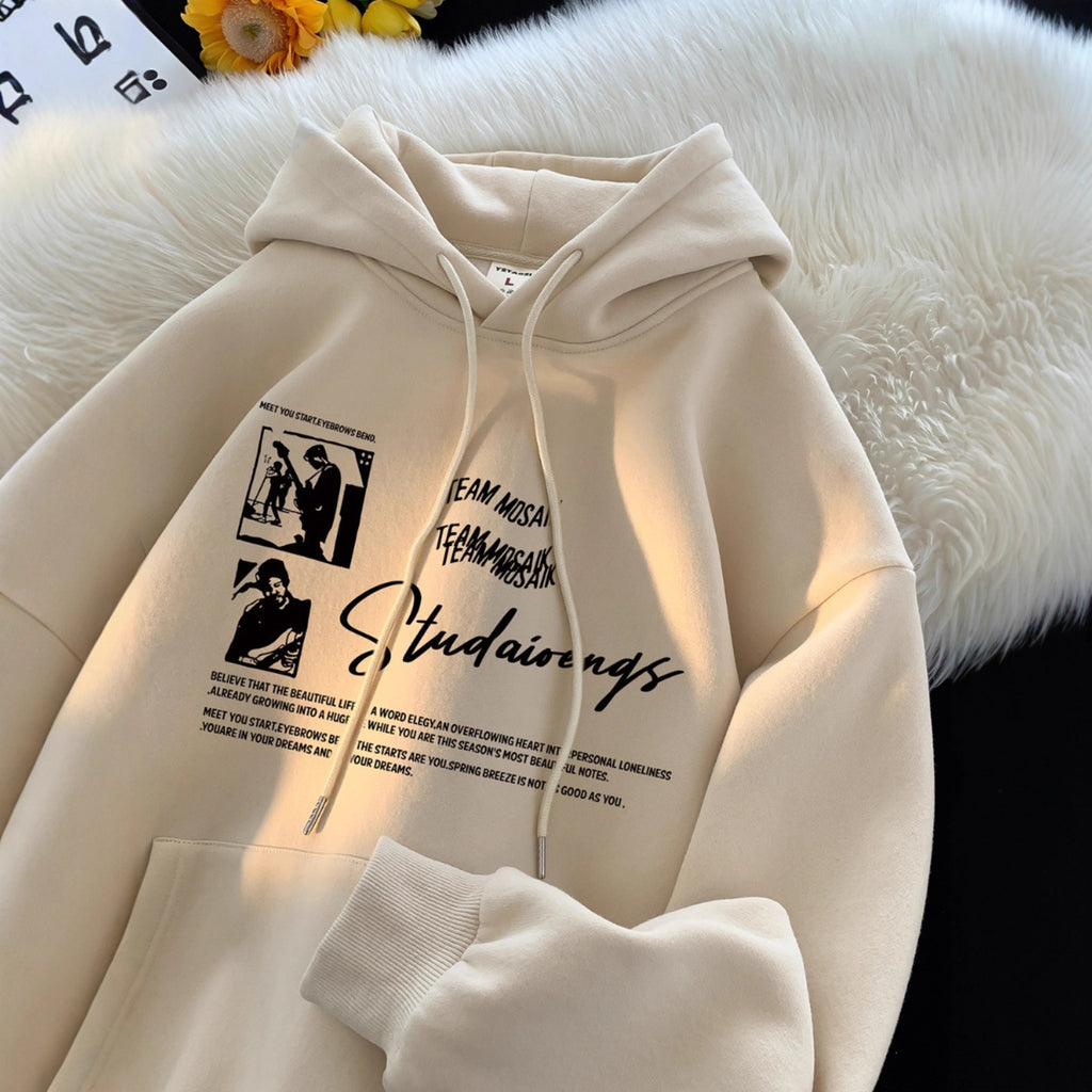 Retro Hoodie Men's Autumn Winter Heavy Weight Fleece Lined Loose Fit Hooded Sweatshirt Outerwear