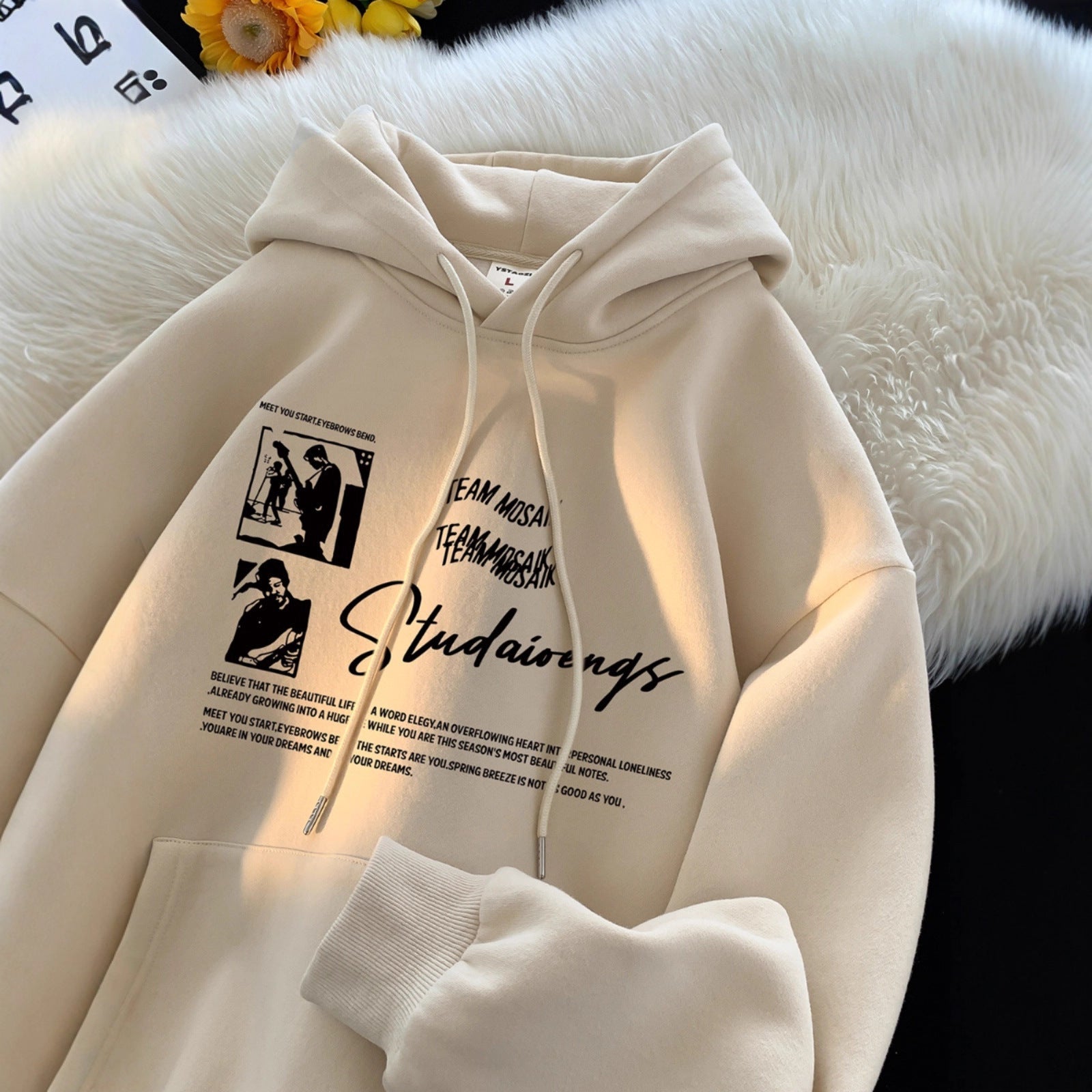 Retro Hoodie Men's Autumn Winter Heavy Weight Fleece Lined Loose Fit Hooded Sweatshirt Outerwear