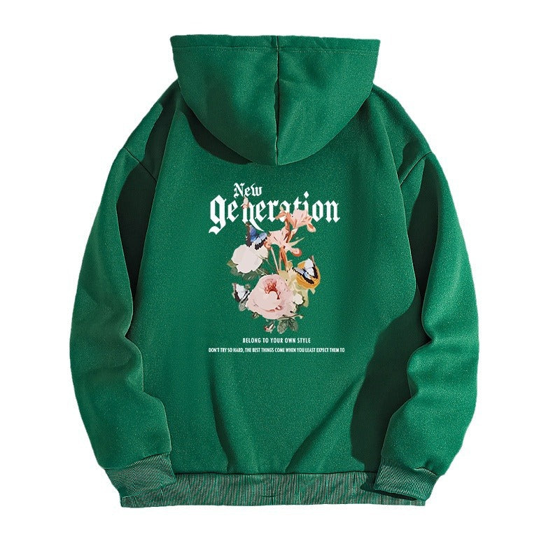 Flower print hooded sweatshirt with back collar and fleece