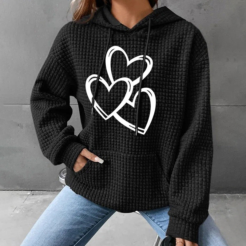 Waffle hooded long sleeved heart-shaped printed sweatshirt