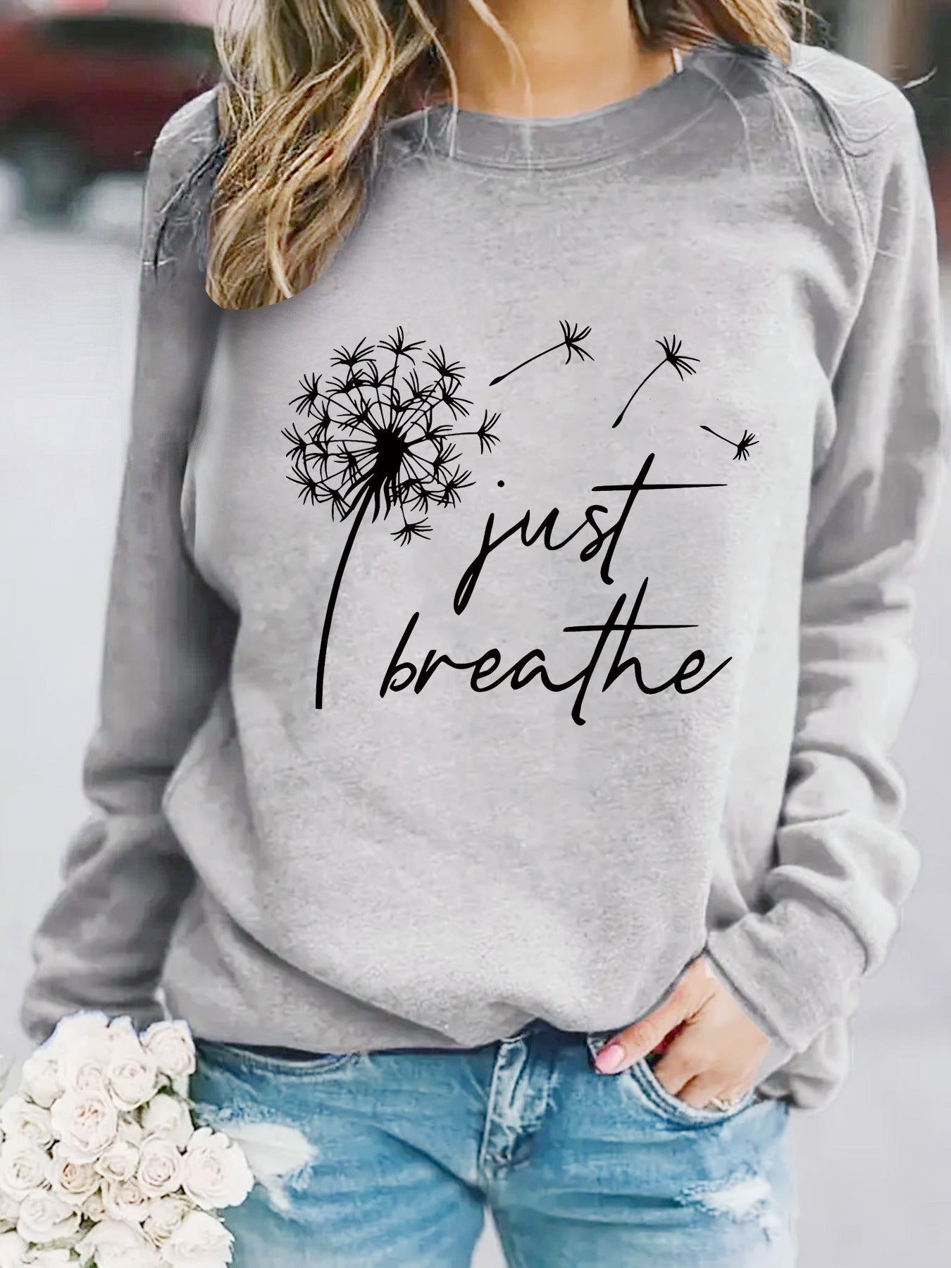 Round neck JUST dandelion print pullover sweatshirt