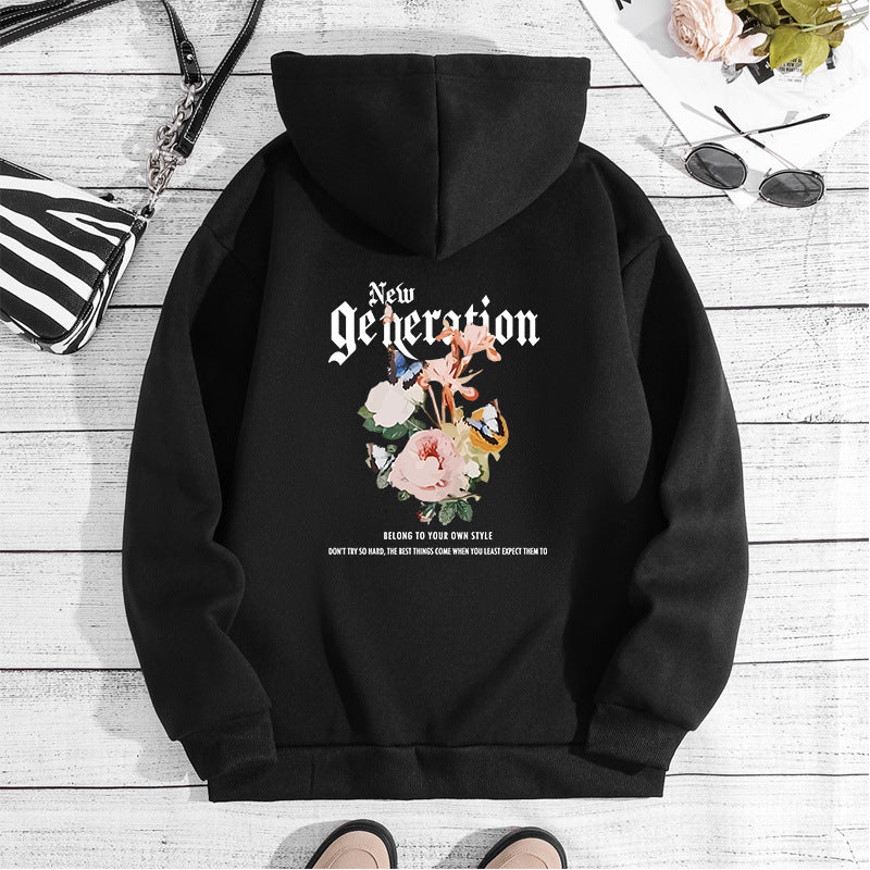Flower print hooded sweatshirt with back collar and fleece