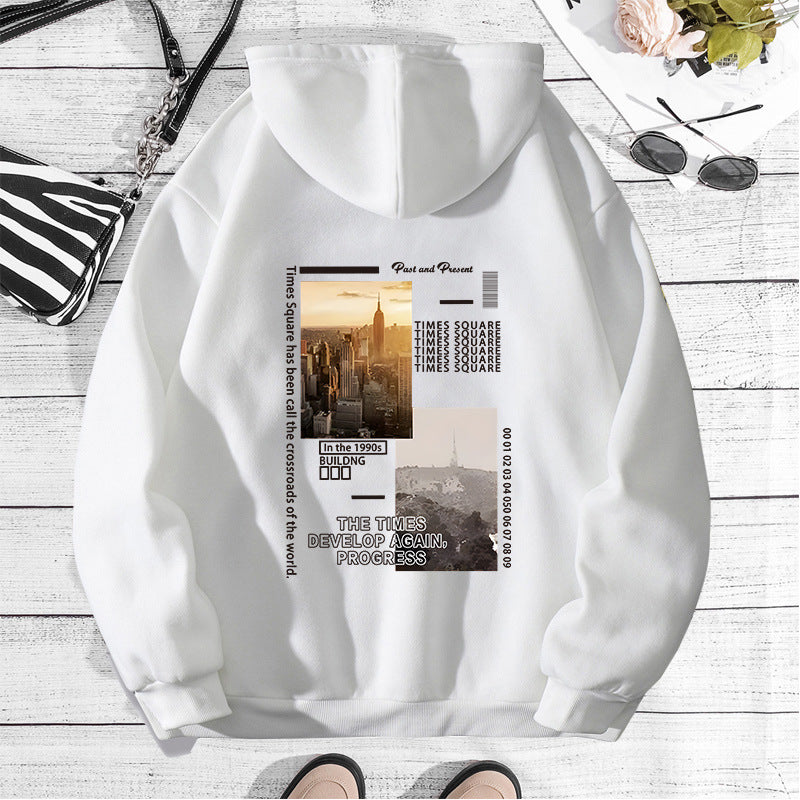 City Landscape Printed Hoodie with Back Collar and Velvet Hoodie