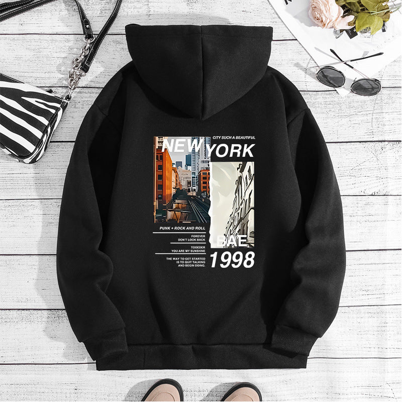 NEW YORK City Printed Hoodie with Back Collar and Velvet