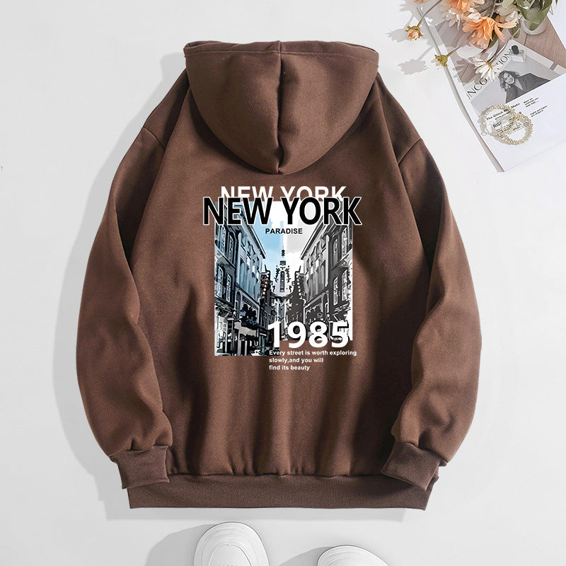 NEW YORK City Printed Hoodie with Back Collar and Velvet