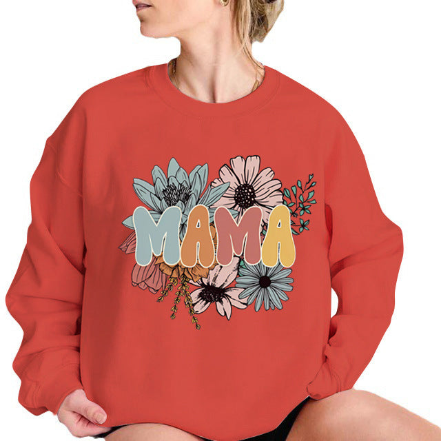 Back collar fleece hoodie round neck MAMA flower