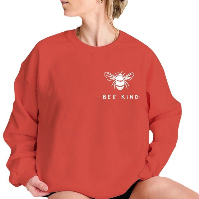 Back collar fleece hoodie round neck bee print