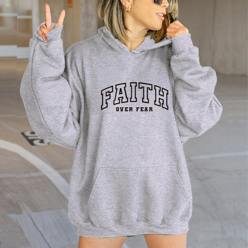 Letter printed hooded sweatshirt with back collar and fleece