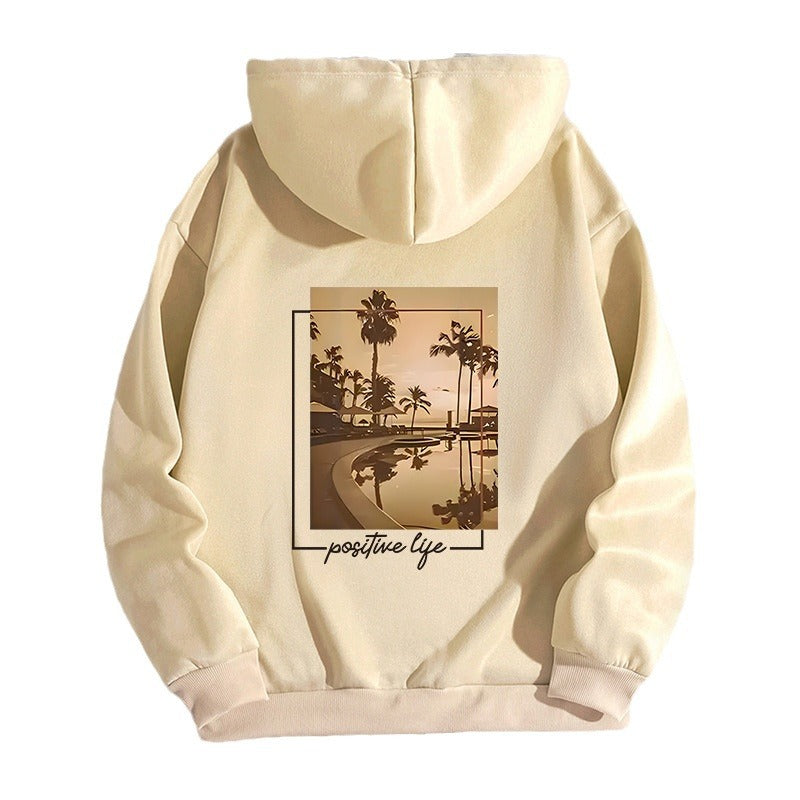 Urban style printed hooded sweatshirt with back collar and fleece