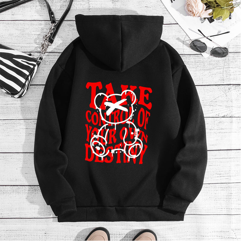 Letter printed hooded sweatshirt with back collar and fleece