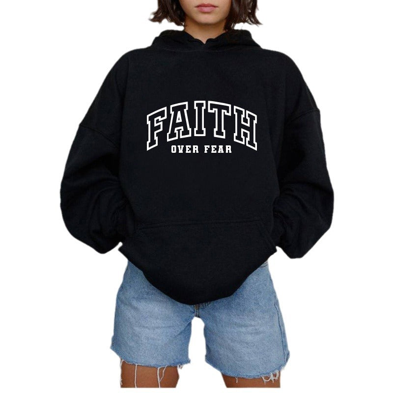 Letter printed hooded sweatshirt with back collar and fleece