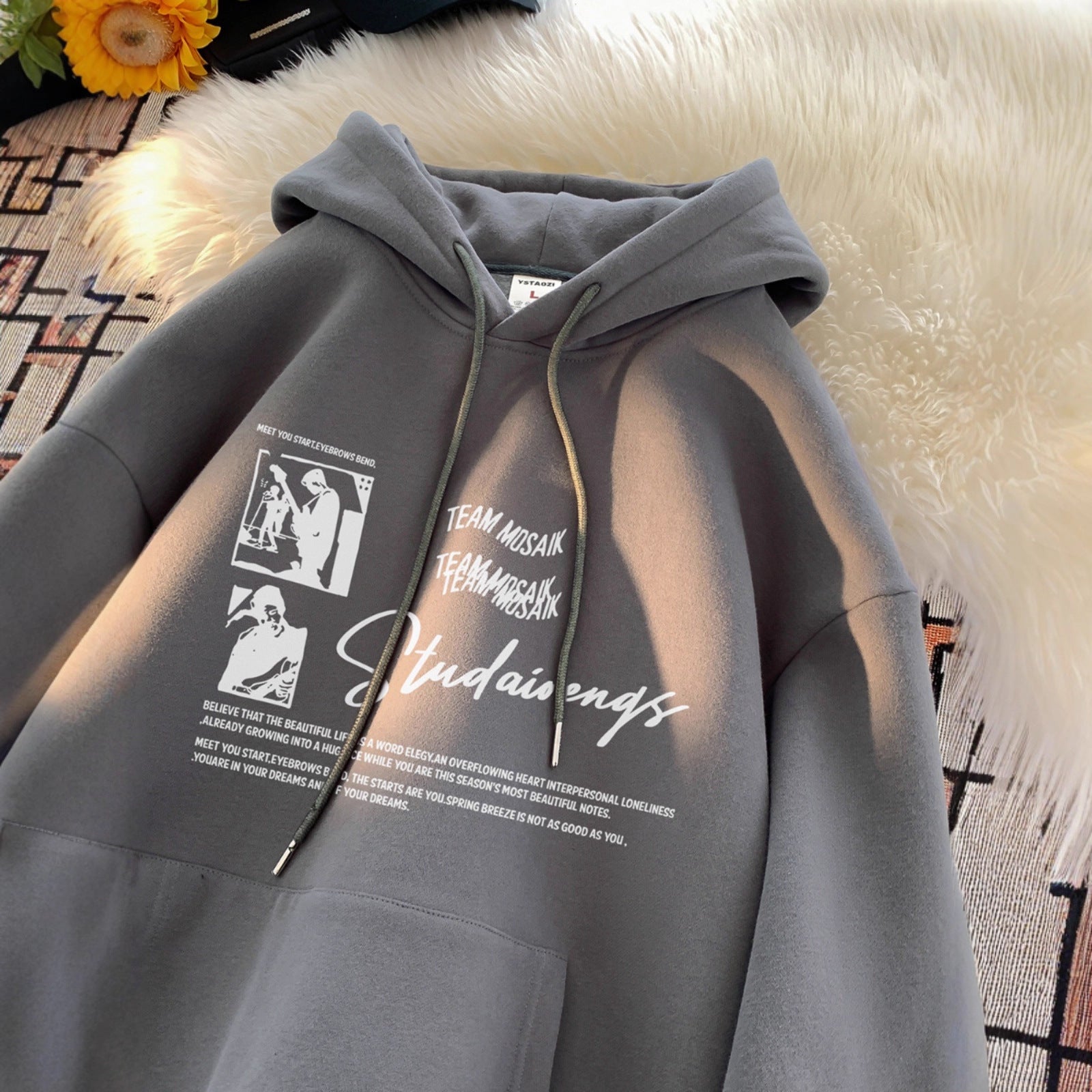 Retro Hoodie Men's Autumn Winter Heavy Weight Fleece Lined Loose Fit Hooded Sweatshirt Outerwear