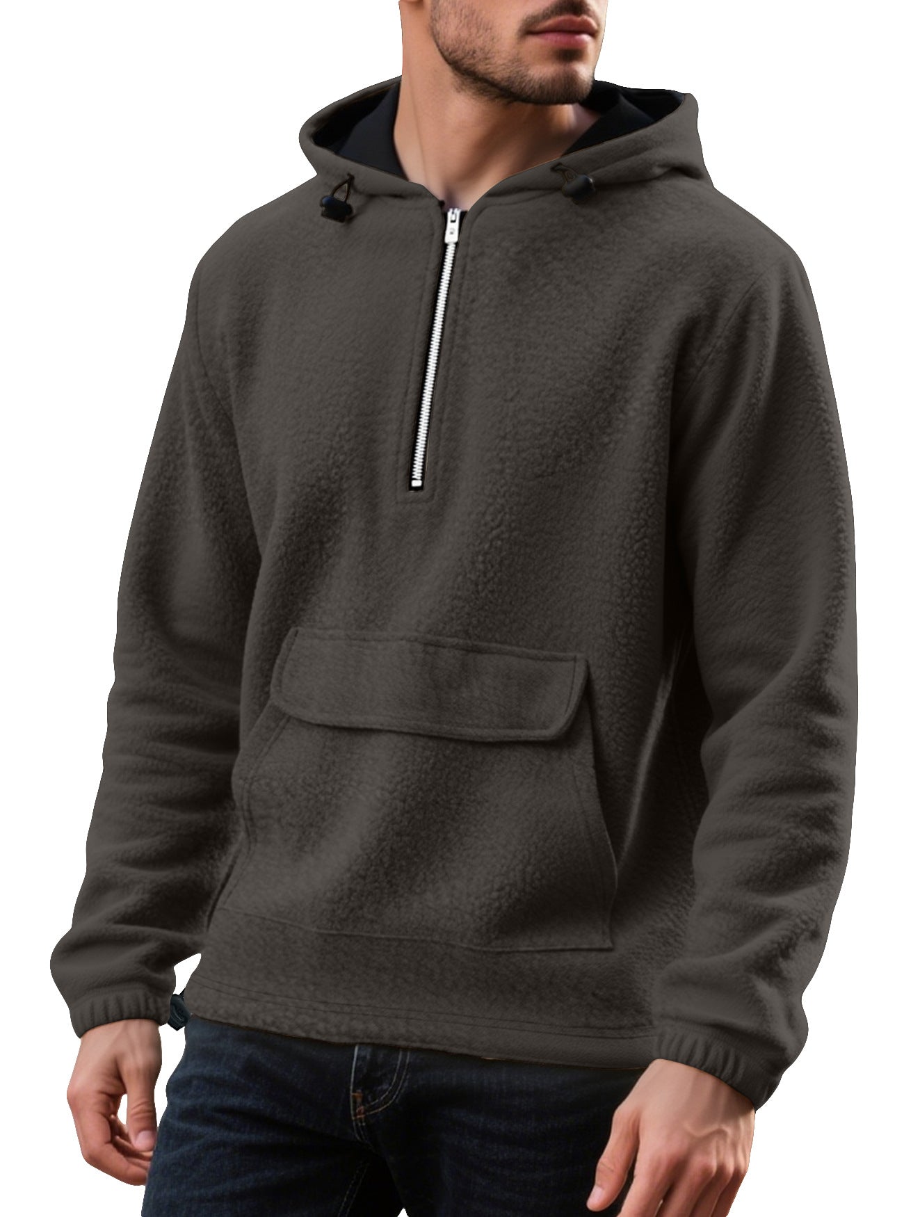 Solid color half zip hooded men's pullover