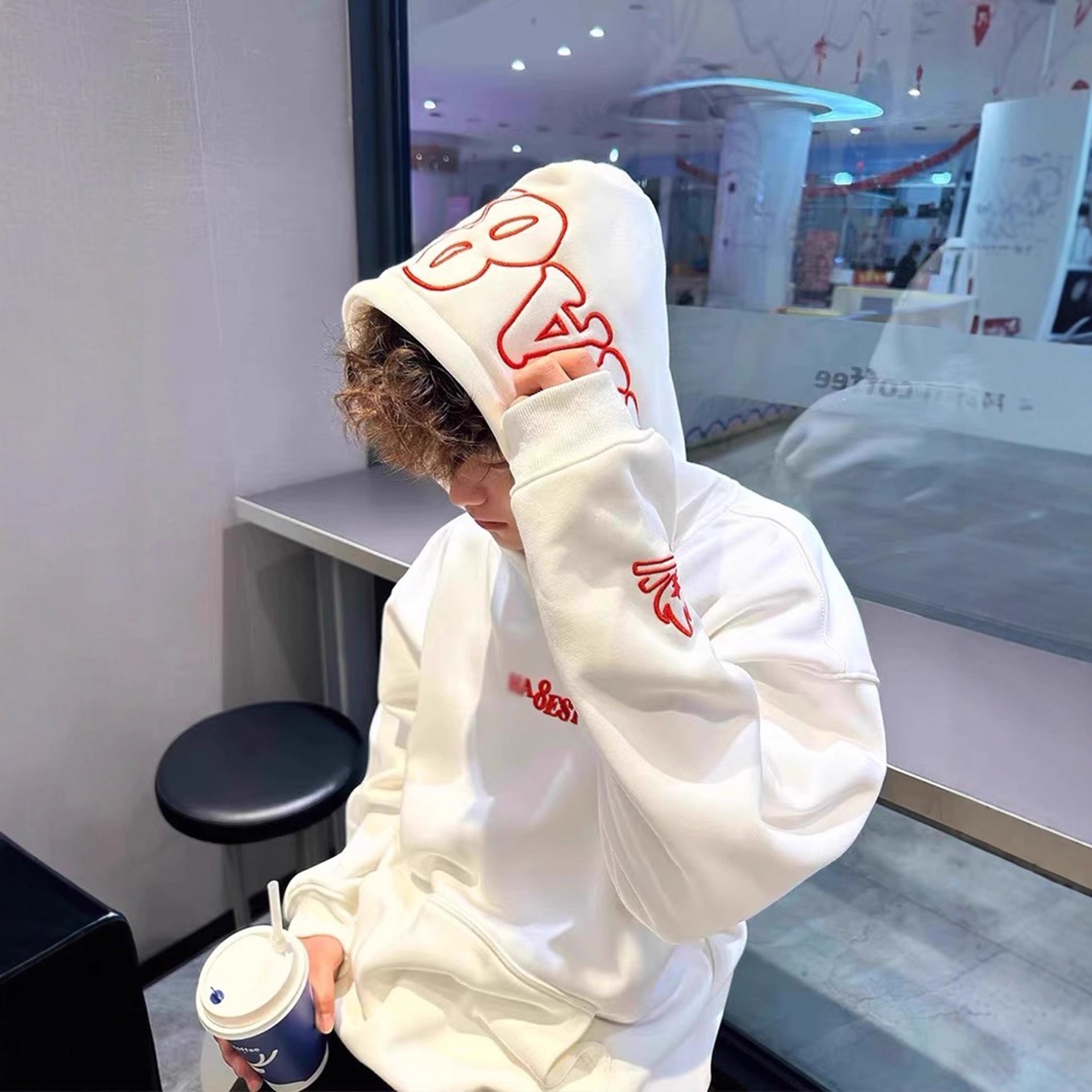 Heavy EmbroideryStyle Small Flame Hooded Thickened Sweatshirt Men's Autumn/Winter National Trend Thickened Top