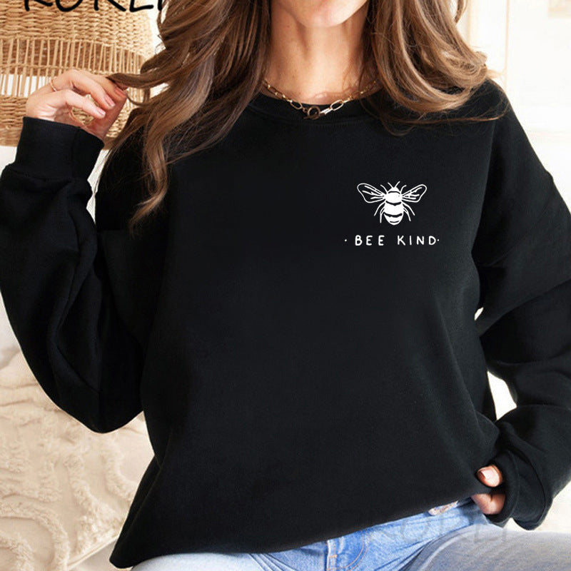 Back collar fleece hoodie round neck bee print