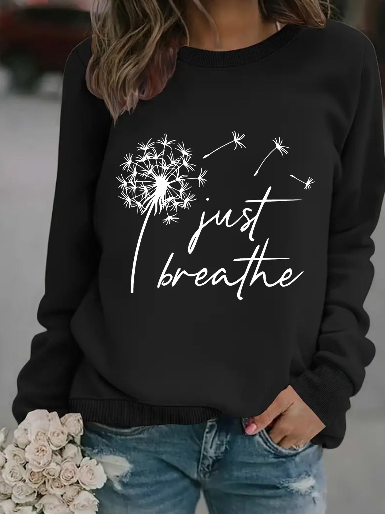 Round neck JUST dandelion print pullover sweatshirt