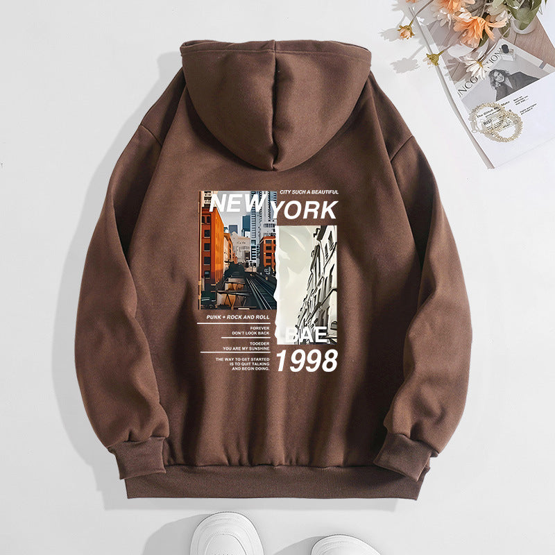 NEW YORK City Printed Hoodie with Back Collar and Velvet
