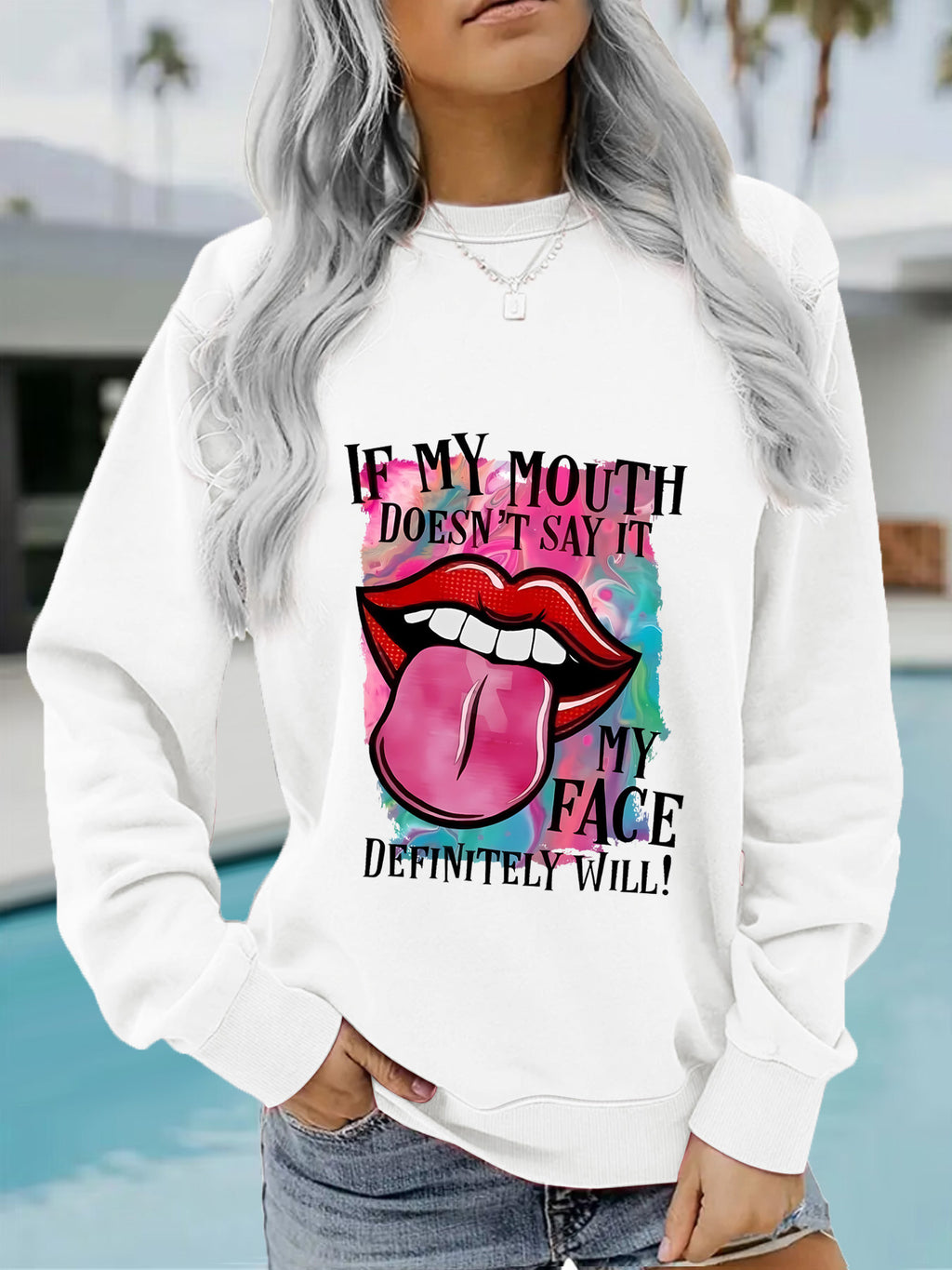 Round neck printed pullover sweatshirt
