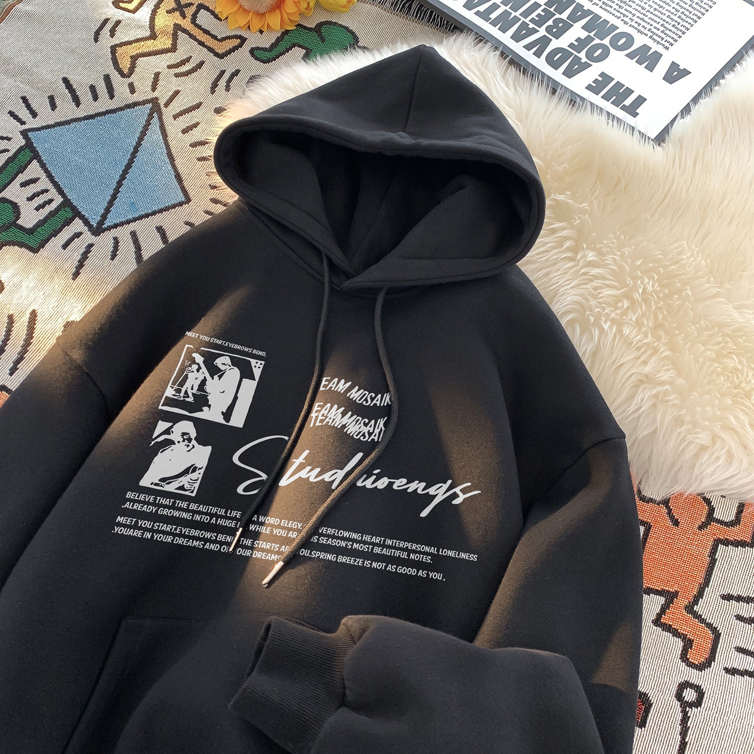 Retro Hoodie Men's Autumn Winter Heavy Weight Fleece Lined Loose Fit Hooded Sweatshirt Outerwear