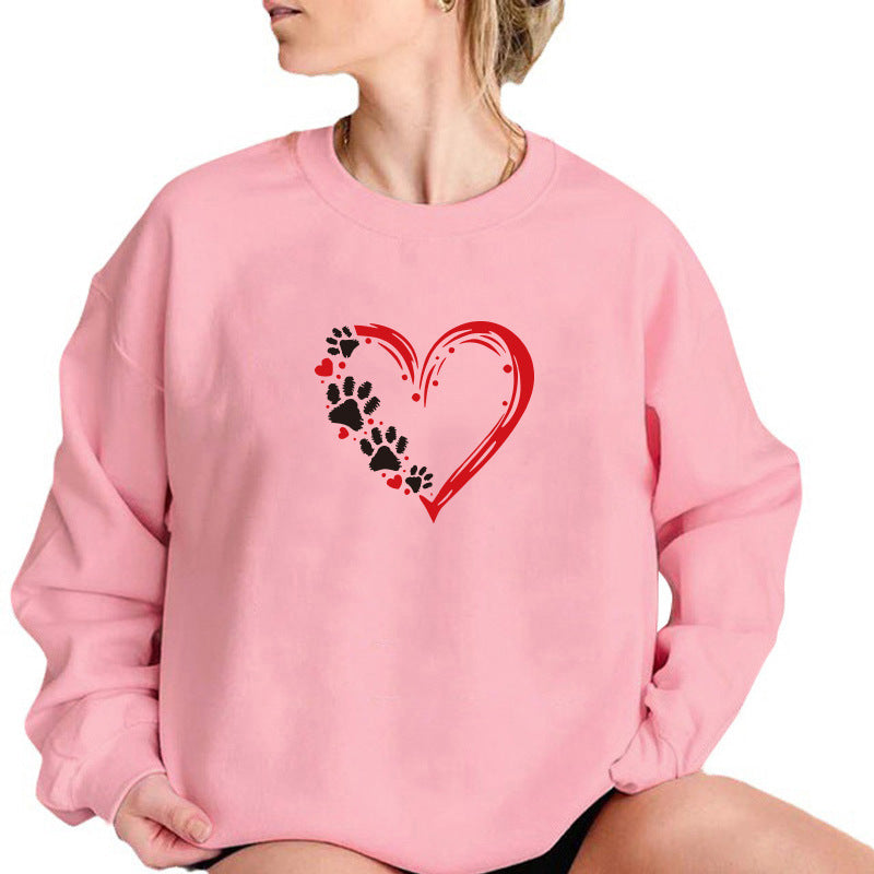 Back collar with fleece hoodie round neck heart-shaped print