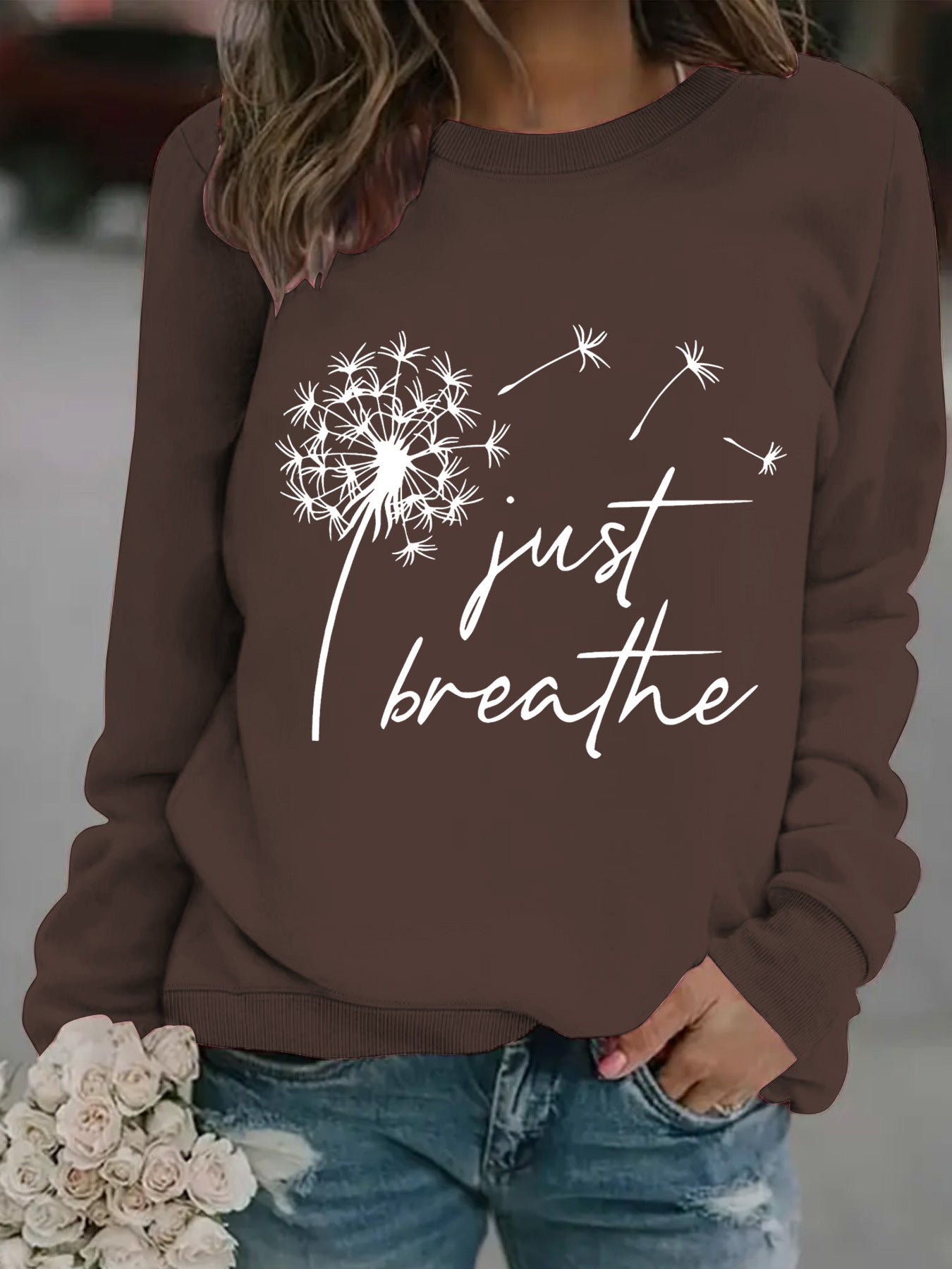 Round neck JUST dandelion print pullover sweatshirt