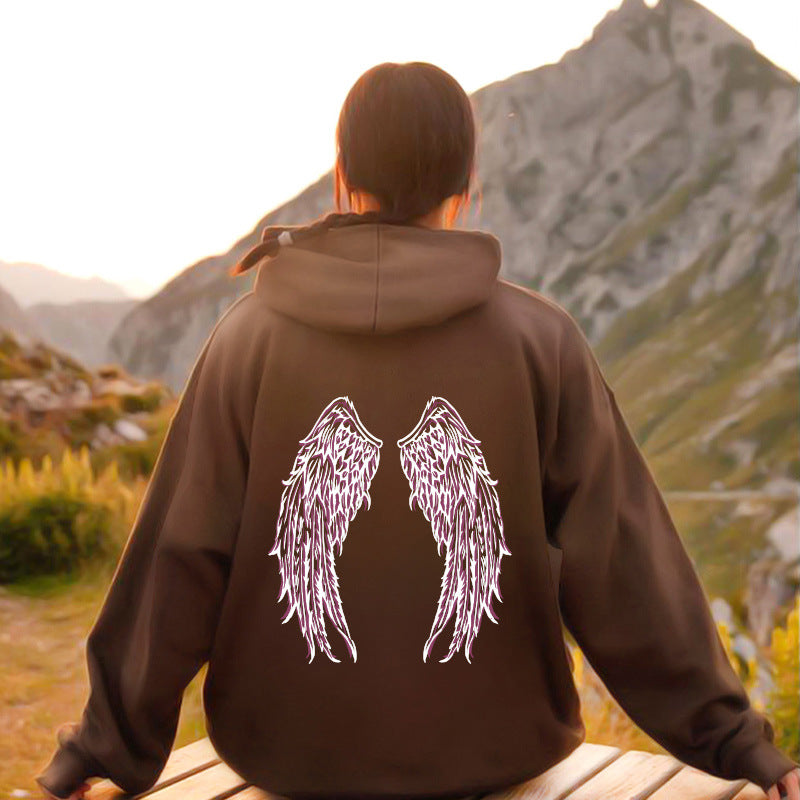 Angel wing print hooded back collar with fleece hoodie