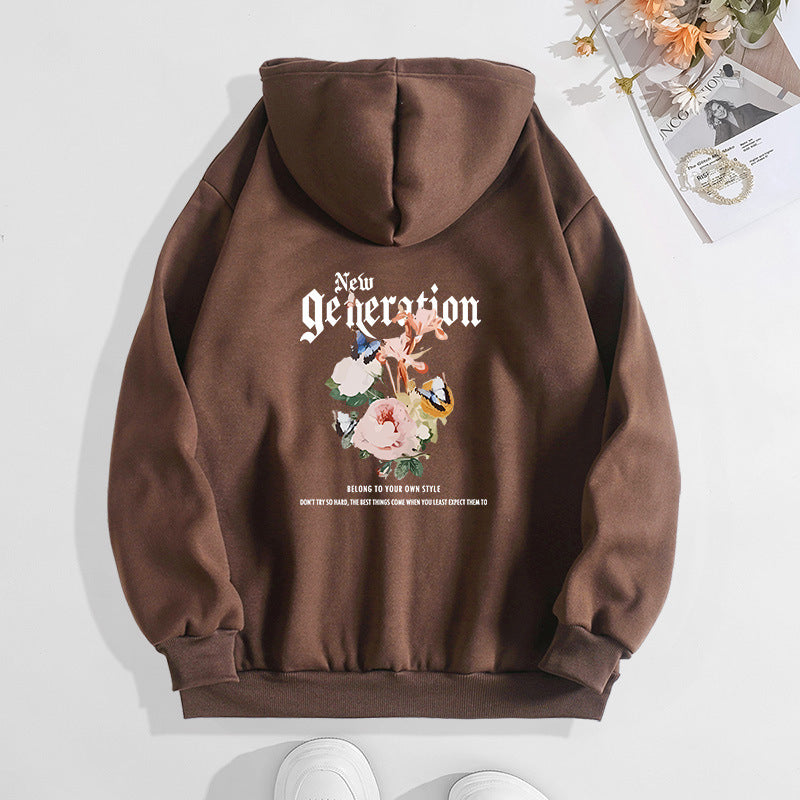 Flower print hooded sweatshirt with back collar and fleece