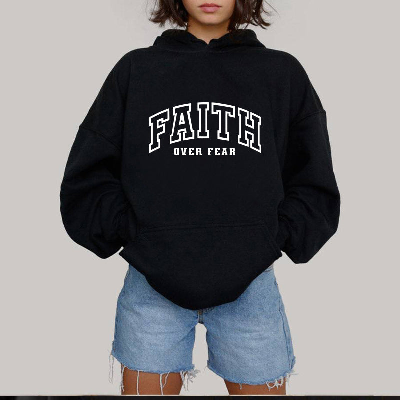 Letter printed hooded sweatshirt with back collar and fleece
