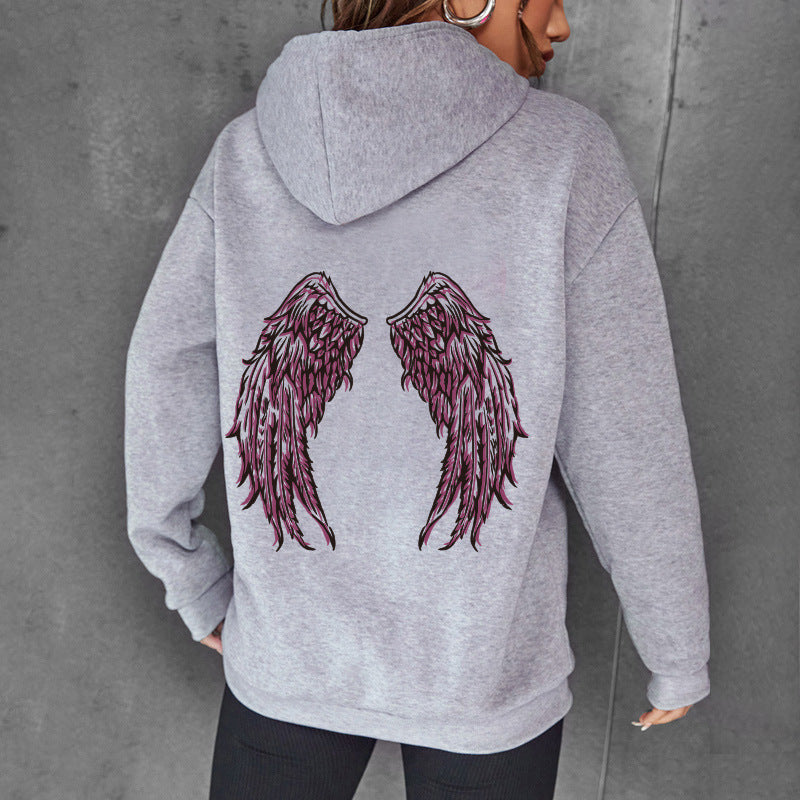 Angel wing print hooded back collar with fleece hoodie