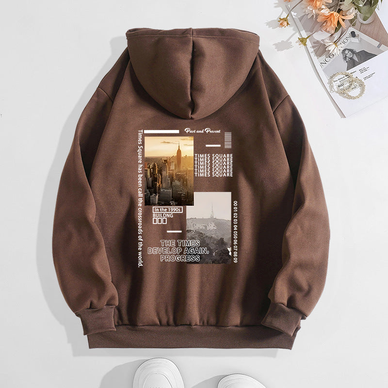 City Landscape Printed Hoodie with Back Collar and Velvet Hoodie