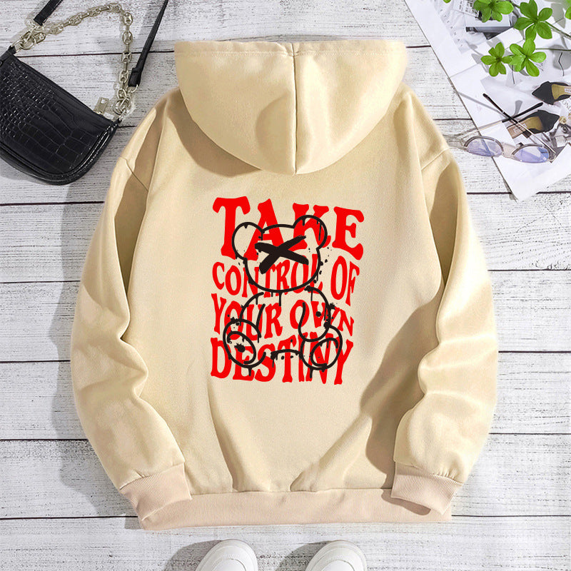 Letter printed hooded sweatshirt with back collar and fleece