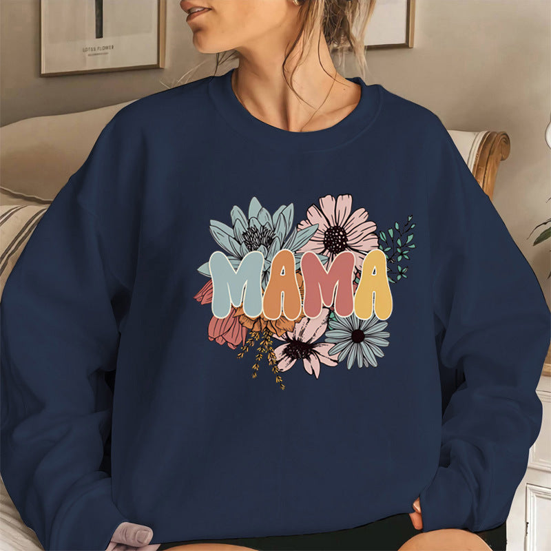 Back collar fleece hoodie round neck MAMA flower