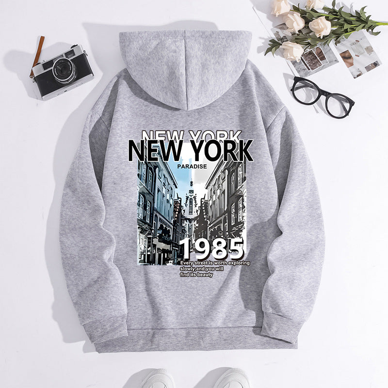 NEW YORK City Printed Hoodie with Back Collar and Velvet