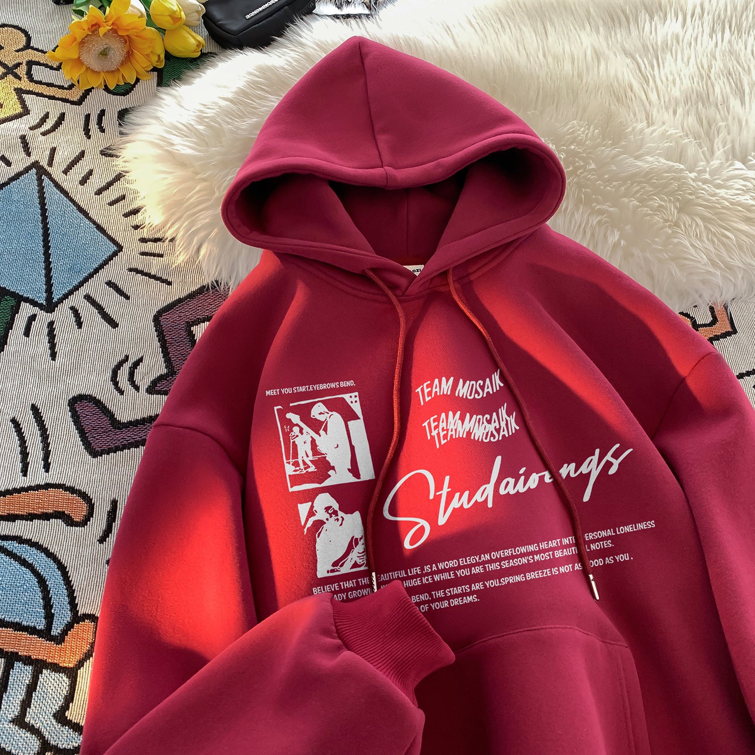 Retro Hoodie Men's Autumn Winter Heavy Weight Fleece Lined Loose Fit Hooded Sweatshirt Outerwear