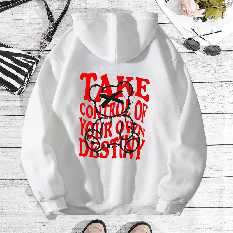 Letter printed hooded sweatshirt with back collar and fleece