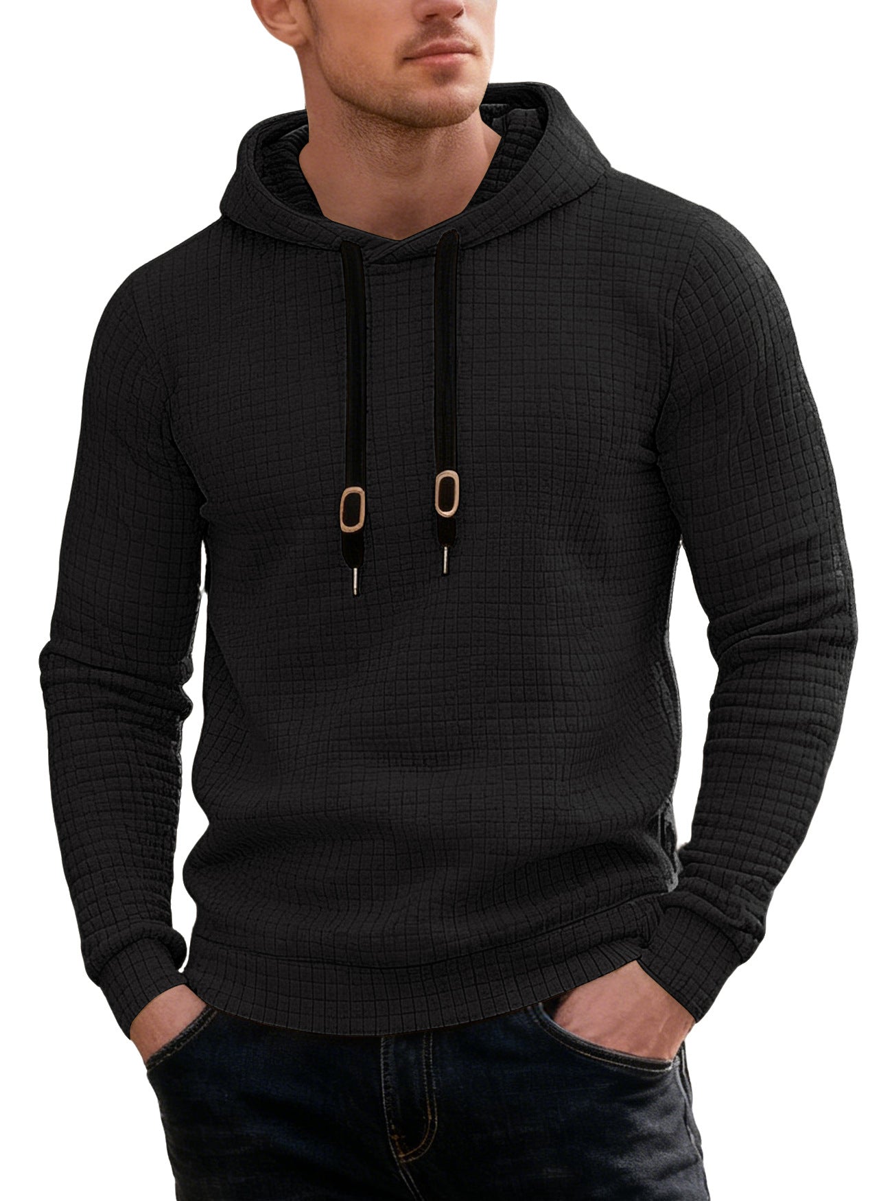Long sleeved hooded sweatshirt with drawstring for men
