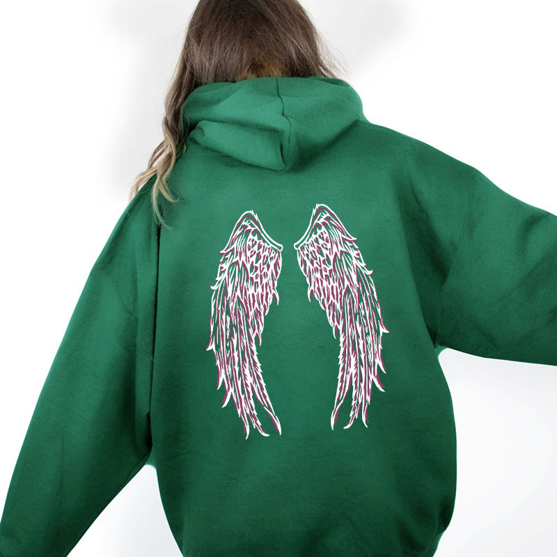 Angel wing print hooded back collar with fleece hoodie