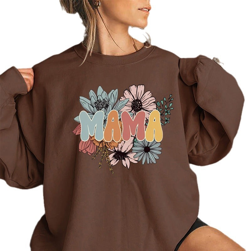 Back collar fleece hoodie round neck MAMA flower