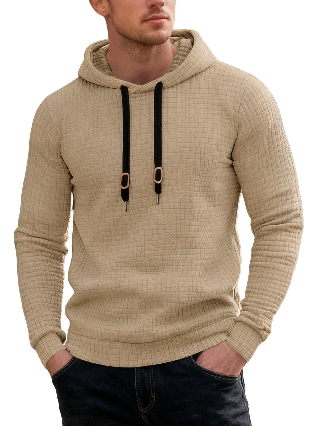Long sleeved hooded sweatshirt with drawstring for men