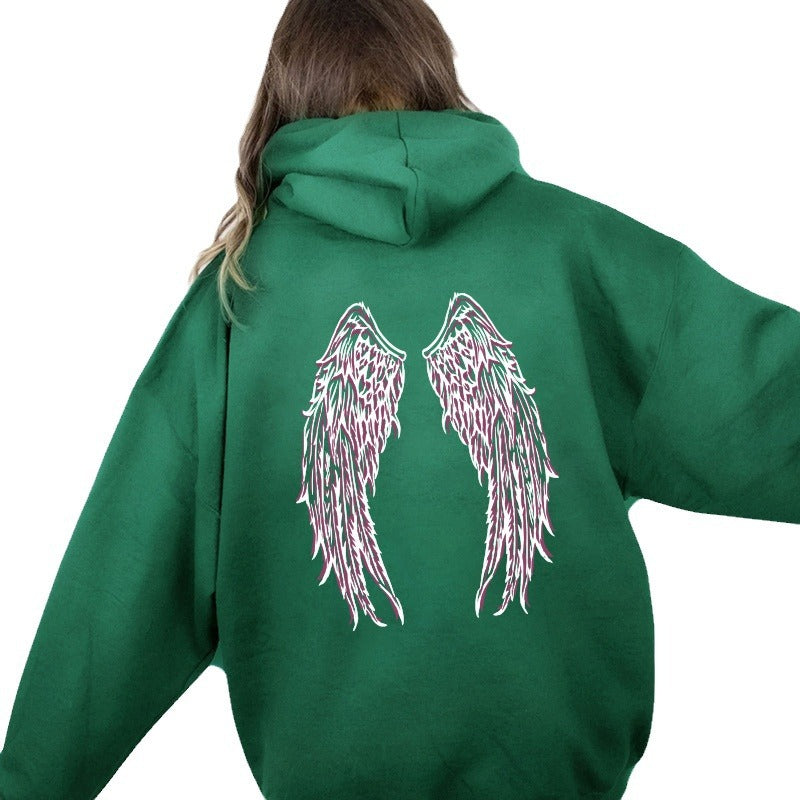 Angel wing print hooded back collar with fleece hoodie