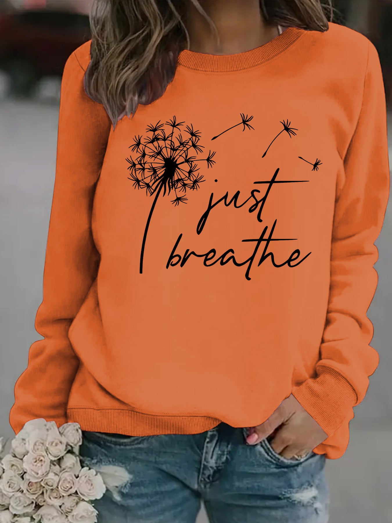 Round neck JUST dandelion print pullover sweatshirt