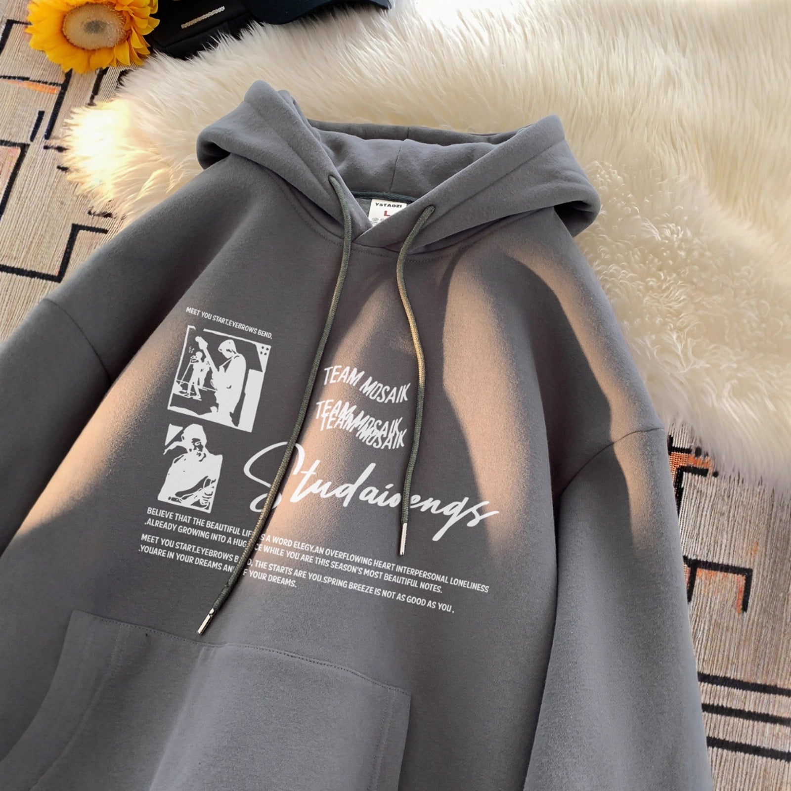 Retro Hoodie Men's Autumn Winter Heavy Weight Fleece Lined Loose Fit Hooded Sweatshirt Outerwear