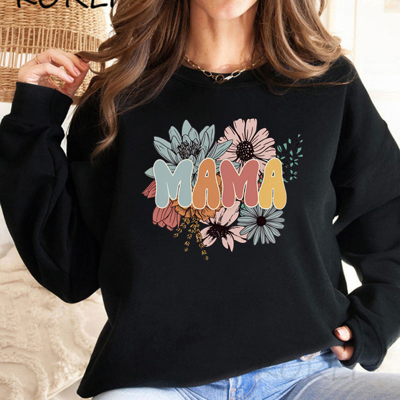 Back collar fleece hoodie round neck MAMA flower